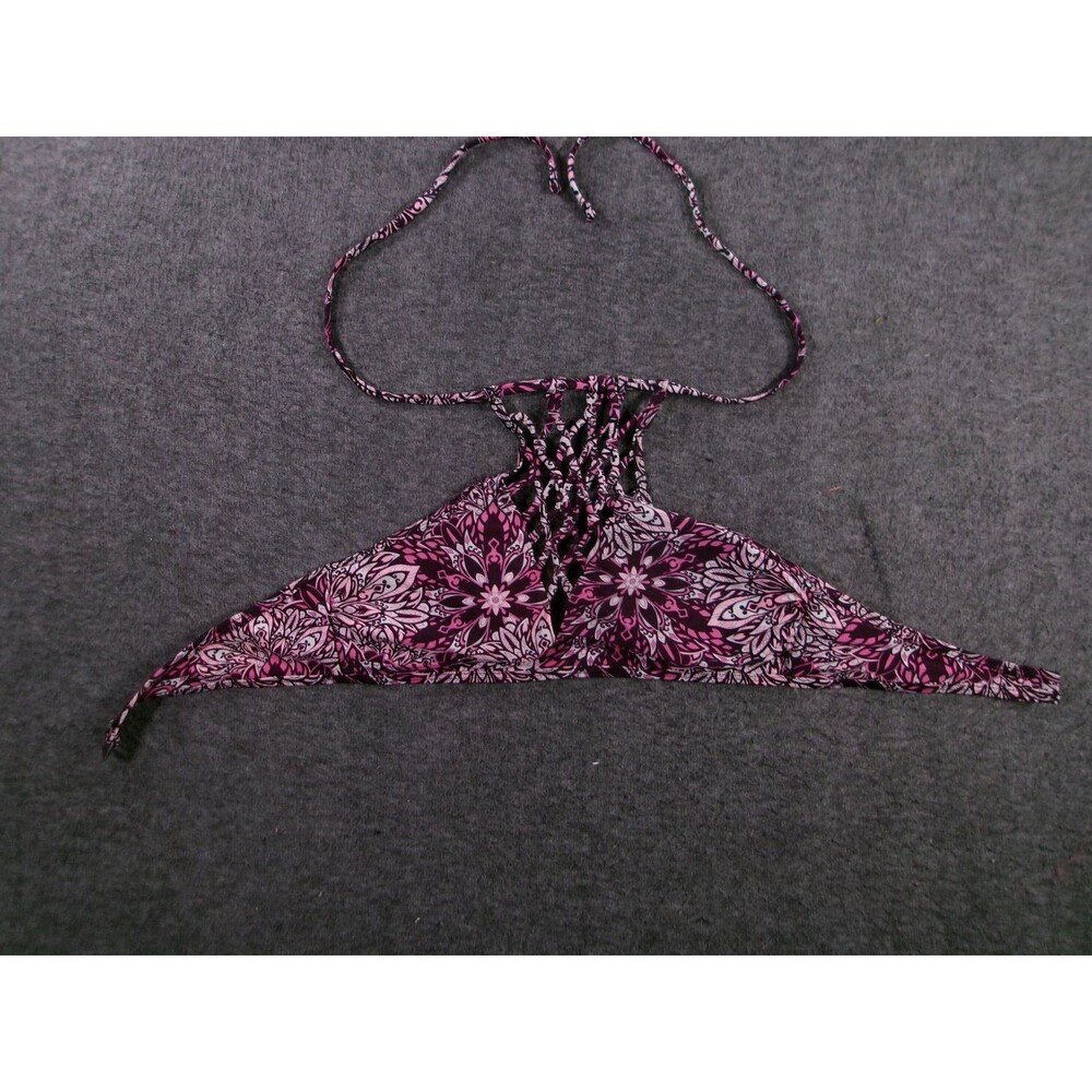 Rue Bleu Bikini Top Womens L Pink Purple Halter Macrame Cutout Floral Print Swim
